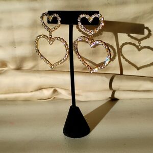 Sparkling  2" L Runway Gold Tone High-end Double Heart Posts.